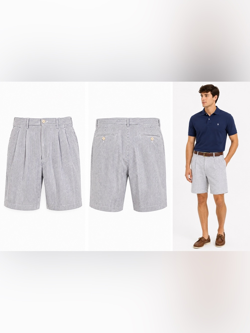 Peter Millar Seersucker Shorts Mens Sz 40 Blue Striped Pleated Front 9.5” Inseam